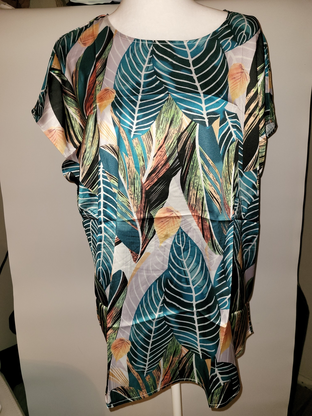 Women’s Teal and Multicolor Tropical Leaf Print Top